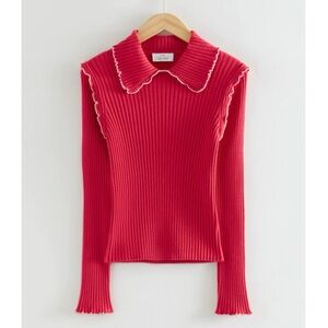 Other Stories Frilled Edge Ribbed Wool Top Red Sweater with Ruffle